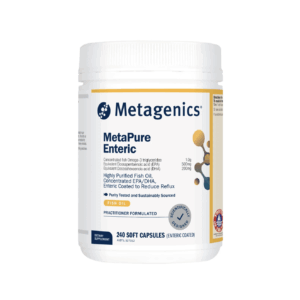 A white bottle of MetaPure Enteric 240 Capsules displays a blue and yellow label with product details and contains 240 enteric capsules.